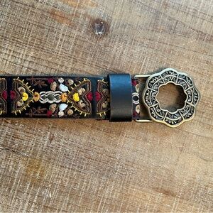 Lucky Brand Leather Belt with Colorful Embroidery and Brass Buckle
